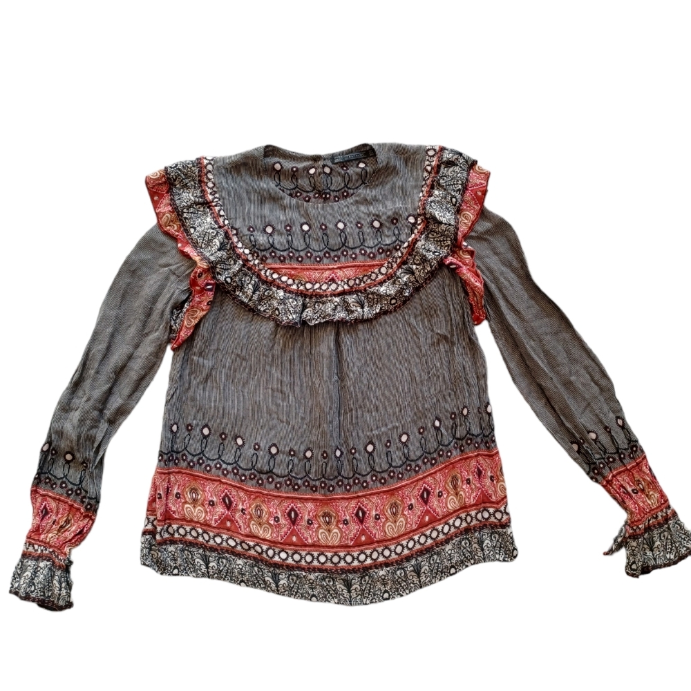 ZARA Trafaluc Boho Ruffle Top. XS Floral And Geometric. Orangd And Gray Sheer